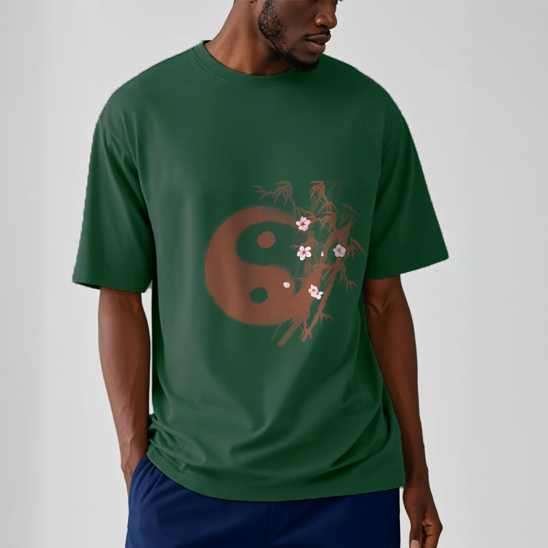 Nimara Ritual Yin Yang Bamboo Cherry Blossom Pattern Tee T-shirt
