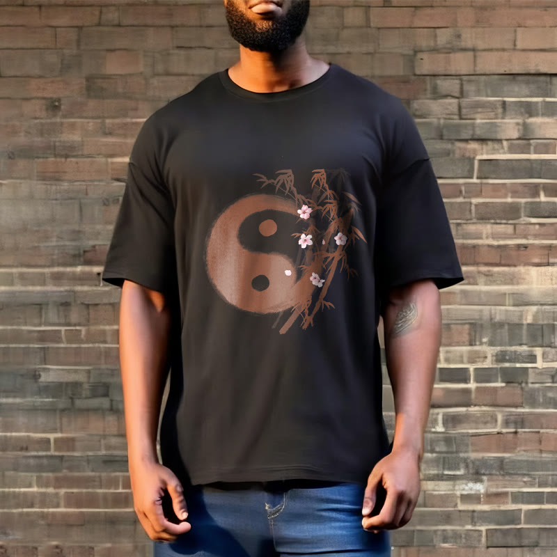 Nimara Ritual Yin Yang Bamboo Cherry Blossom Pattern Tee T-shirt
