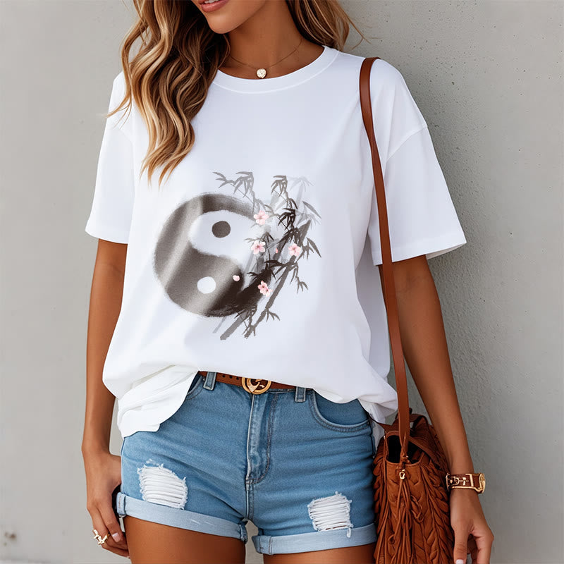 Nimara Ritual Yin Yang Bamboo Cherry Blossom Pattern Tee T-shirt