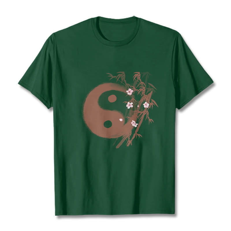 Nimara Ritual Yin Yang Bamboo Cherry Blossom Pattern Tee T-shirt