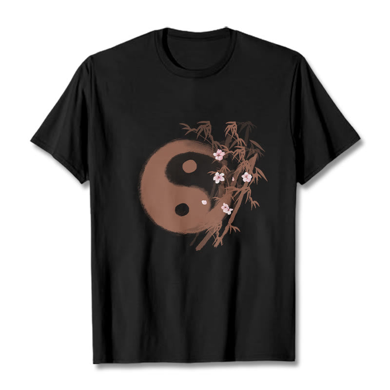 Nimara Ritual Yin Yang Bamboo Cherry Blossom Pattern Tee T-shirt