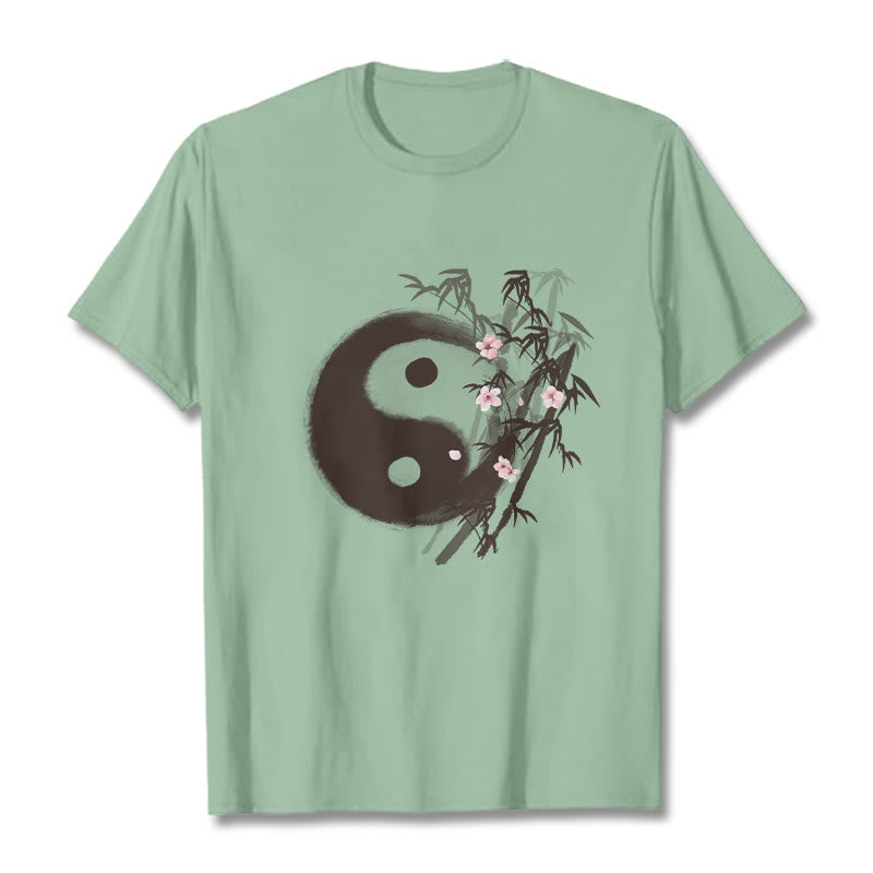 Nimara Ritual Yin Yang Bamboo Cherry Blossom Pattern Tee T-shirt