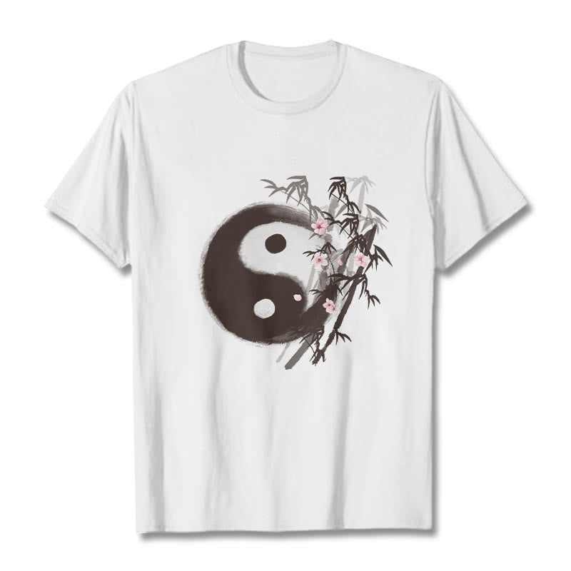 Nimara Ritual Yin Yang Bamboo Cherry Blossom Pattern Tee T-shirt