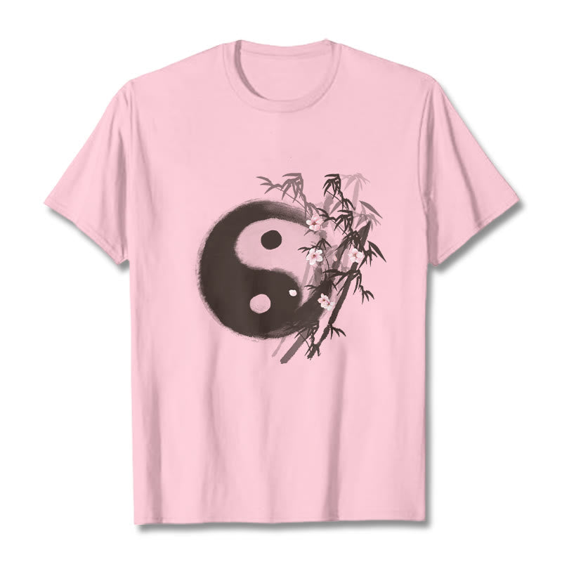 Nimara Ritual Yin Yang Bamboo Cherry Blossom Pattern Tee T-shirt