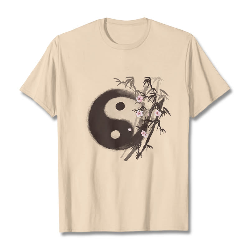 Nimara Ritual Yin Yang Bamboo Cherry Blossom Pattern Tee T-shirt