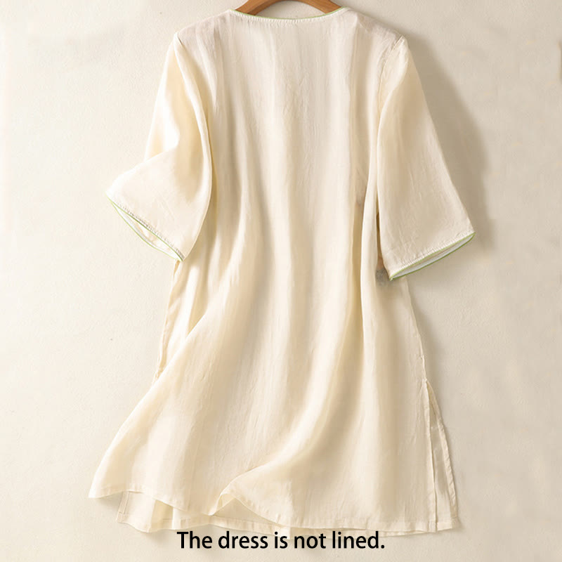 Nimara Ritual Embroidery Flower Hem Slit Design Half Sleeve Cotton Linen Zen Midi Dress