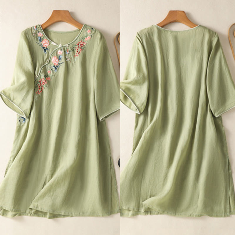 Nimara Ritual Embroidery Flower Hem Slit Design Half Sleeve Cotton Linen Zen Midi Dress