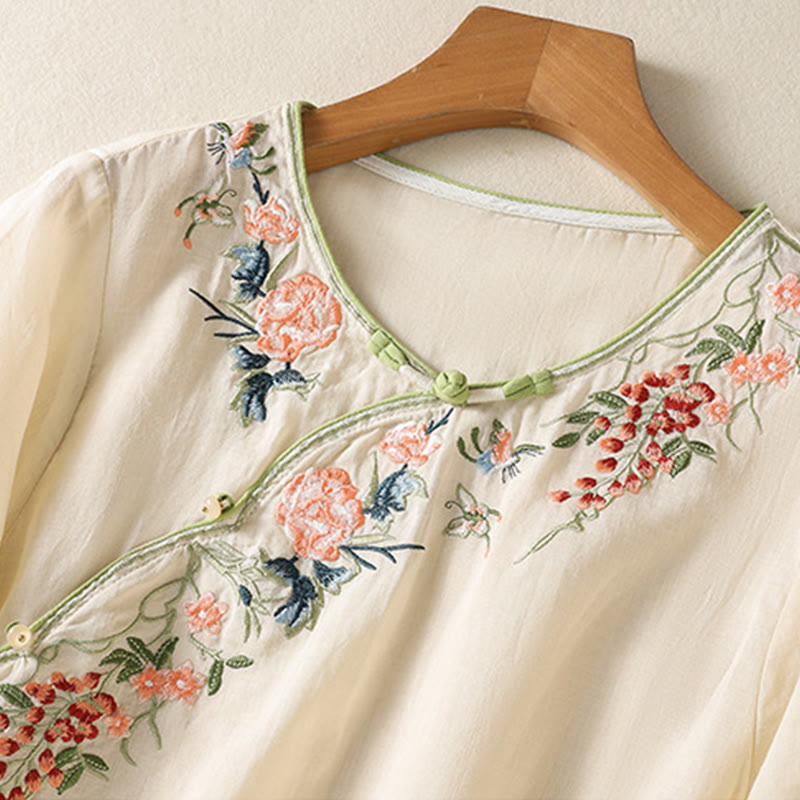 Nimara Ritual Embroidery Flower Hem Slit Design Half Sleeve Cotton Linen Zen Midi Dress