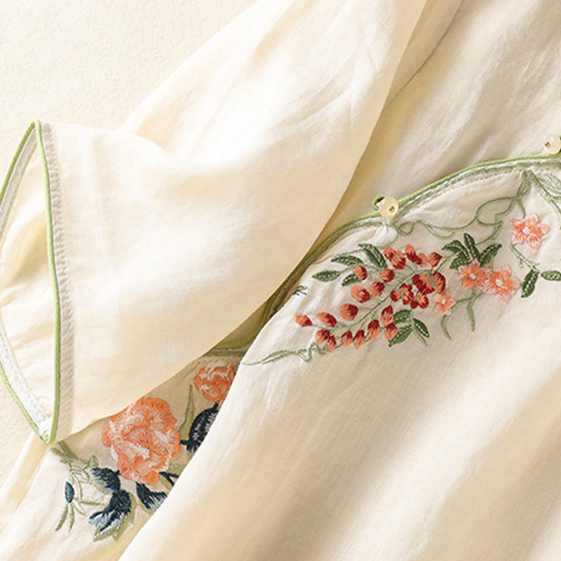 Nimara Ritual Embroidery Flower Hem Slit Design Half Sleeve Cotton Linen Zen Midi Dress