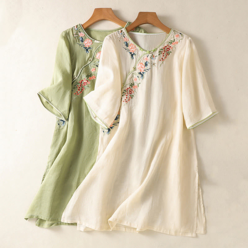 Nimara Ritual Embroidery Flower Hem Slit Design Half Sleeve Cotton Linen Zen Midi Dress