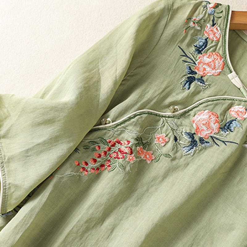 Nimara Ritual Embroidery Flower Hem Slit Design Half Sleeve Cotton Linen Zen Midi Dress