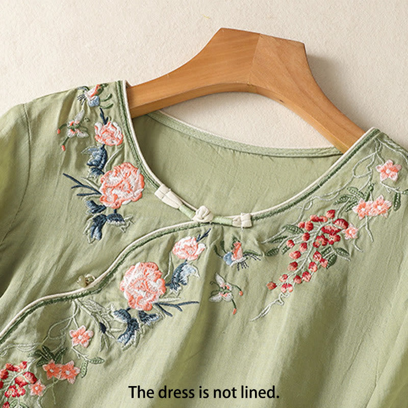 Nimara Ritual Embroidery Flower Hem Slit Design Half Sleeve Cotton Linen Zen Midi Dress