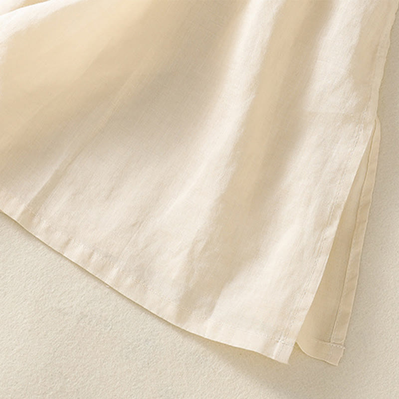 Nimara Ritual Embroidery Flower Hem Slit Design Half Sleeve Cotton Linen Zen Midi Dress