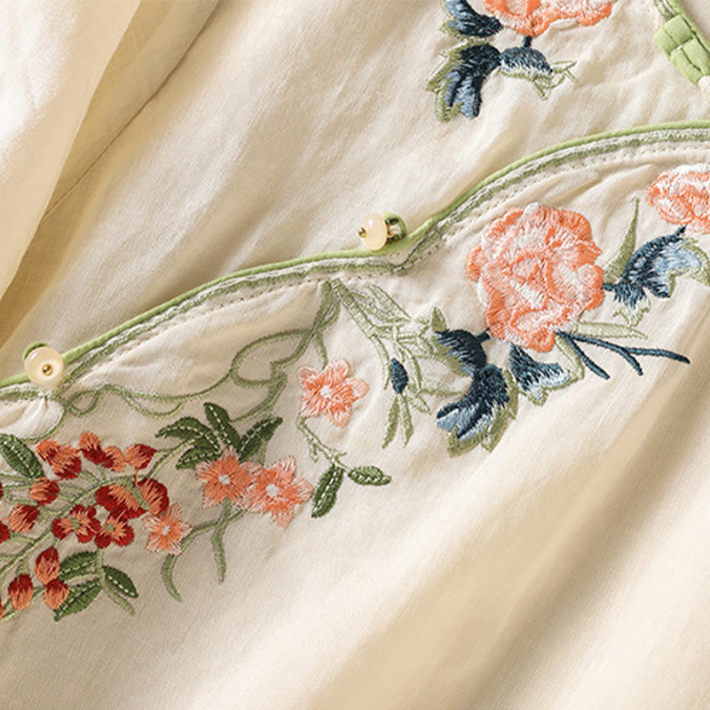 Nimara Ritual Embroidery Flower Hem Slit Design Half Sleeve Cotton Linen Zen Midi Dress