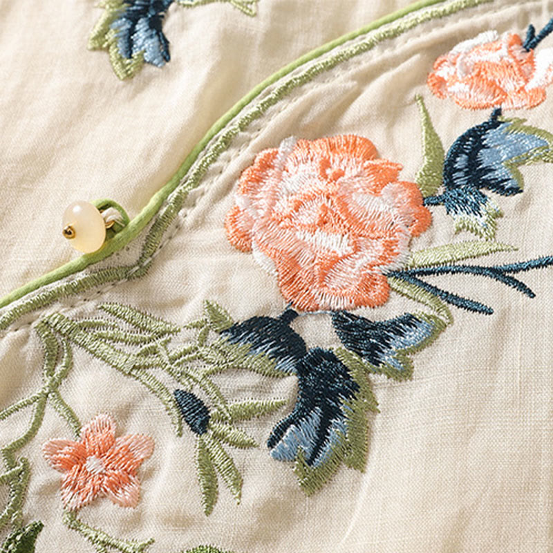 Nimara Ritual Embroidery Flower Hem Slit Design Half Sleeve Cotton Linen Zen Midi Dress