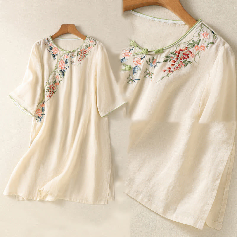 Nimara Ritual Embroidery Flower Hem Slit Design Half Sleeve Cotton Linen Zen Midi Dress