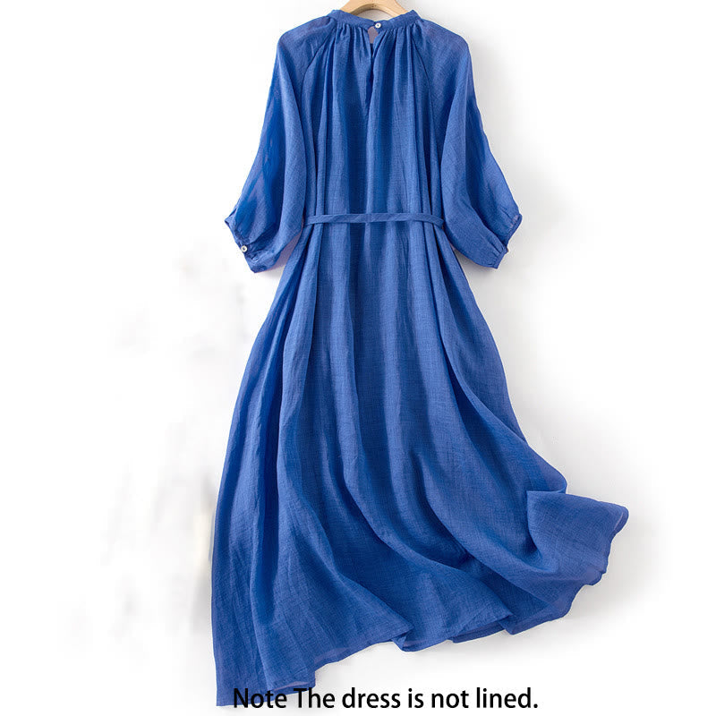 Nimara Ritual Plain Drawstring Three Quarter Puff Sleeve Cotton Linen Midi Dress With Pockets