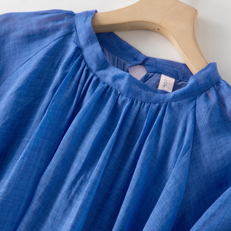 Nimara Ritual Plain Drawstring Three Quarter Puff Sleeve Cotton Linen Midi Dress With Pockets