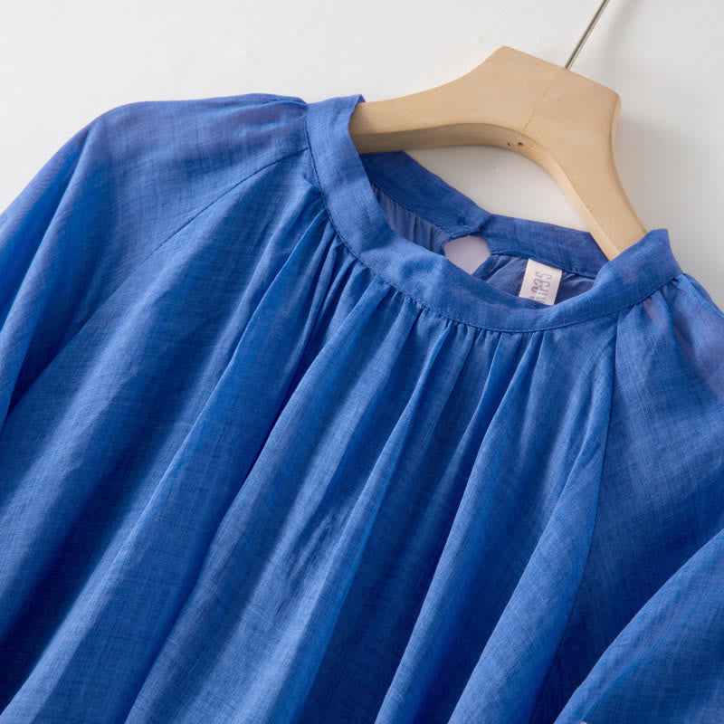 Nimara Ritual Plain Drawstring Three Quarter Puff Sleeve Cotton Linen Midi Dress With Pockets