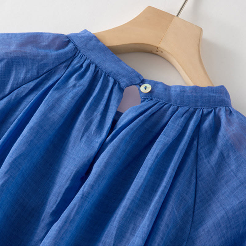Nimara Ritual Plain Drawstring Three Quarter Puff Sleeve Cotton Linen Midi Dress With Pockets