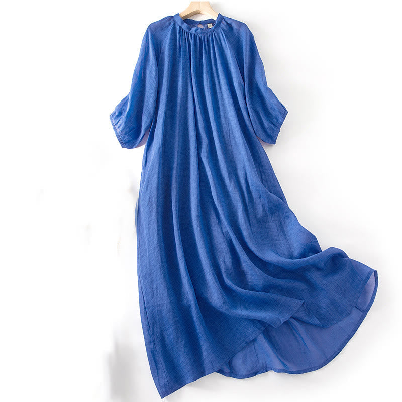 Nimara Ritual Plain Drawstring Three Quarter Puff Sleeve Cotton Linen Midi Dress With Pockets