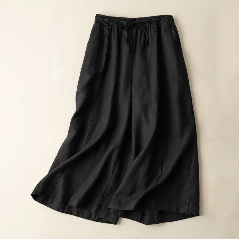 Nimara Ritual Plain Color 7-8 Length Capri Cropped Pants Cotton Linen Women's Wide Leg Pants With Pockets