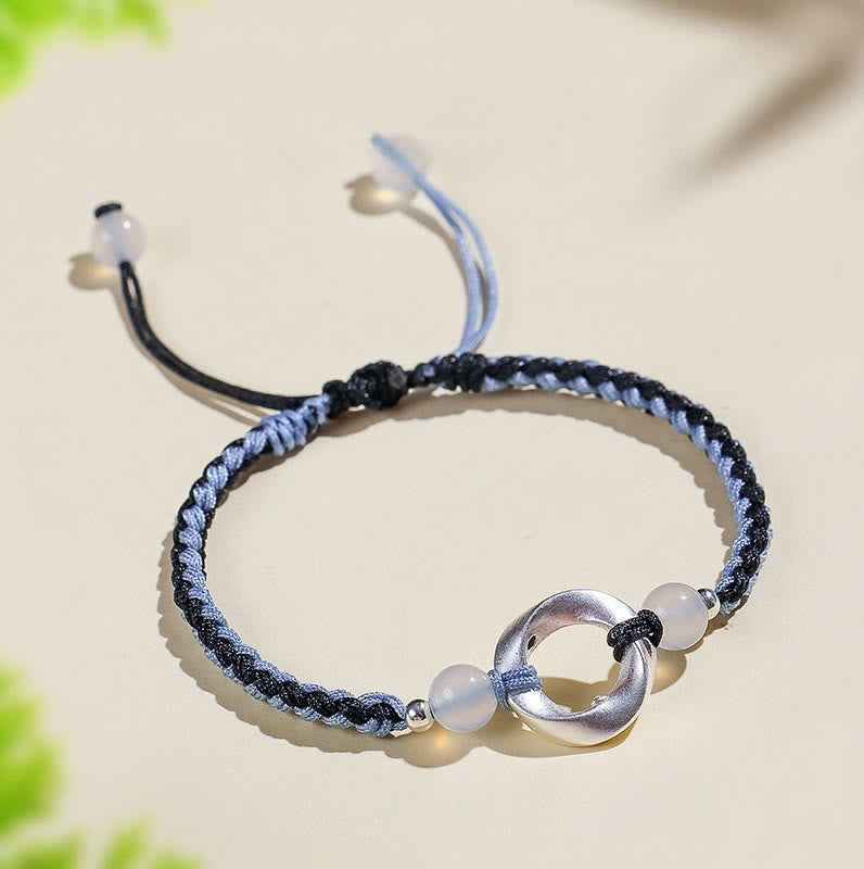 Nimara Ritual 925 Sterling Silver Mobius White Agate Bead Braided String Protection Bracelet