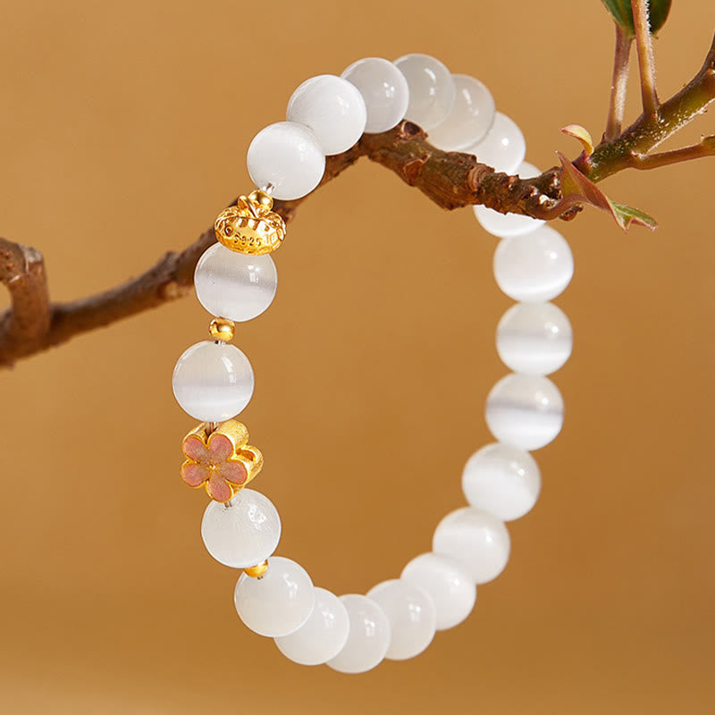Nimara Ritual 925 Sterling Silver Peach Blossom Lucky Bag White Cat's Eye Luck Bracelet