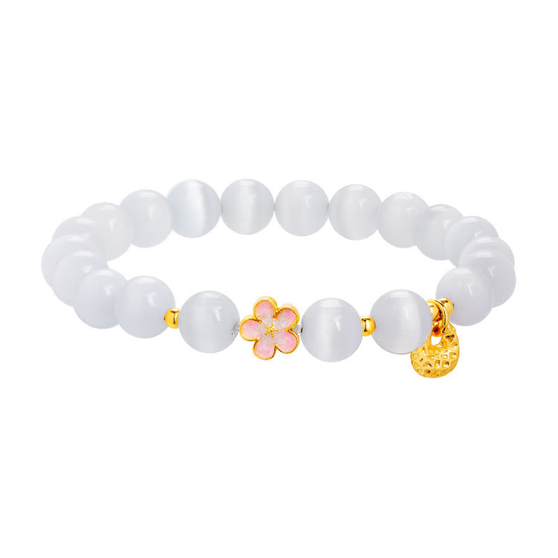 Nimara Ritual 925 Sterling Silver Peach Blossom Lucky Bag White Cat's Eye Luck Bracelet