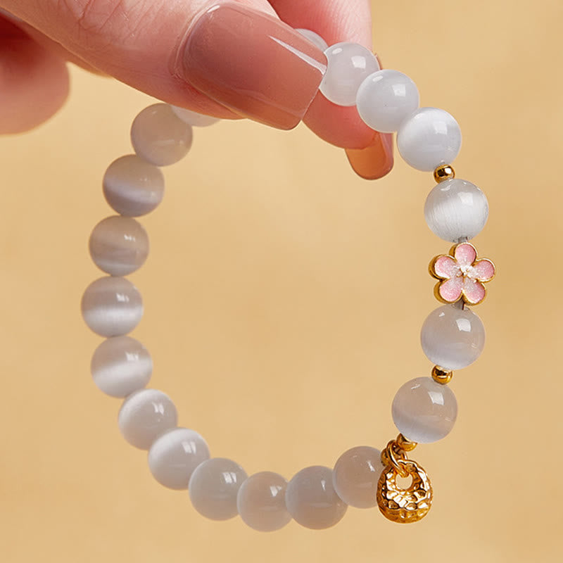 Nimara Ritual 925 Sterling Silver Peach Blossom Lucky Bag White Cat's Eye Luck Bracelet