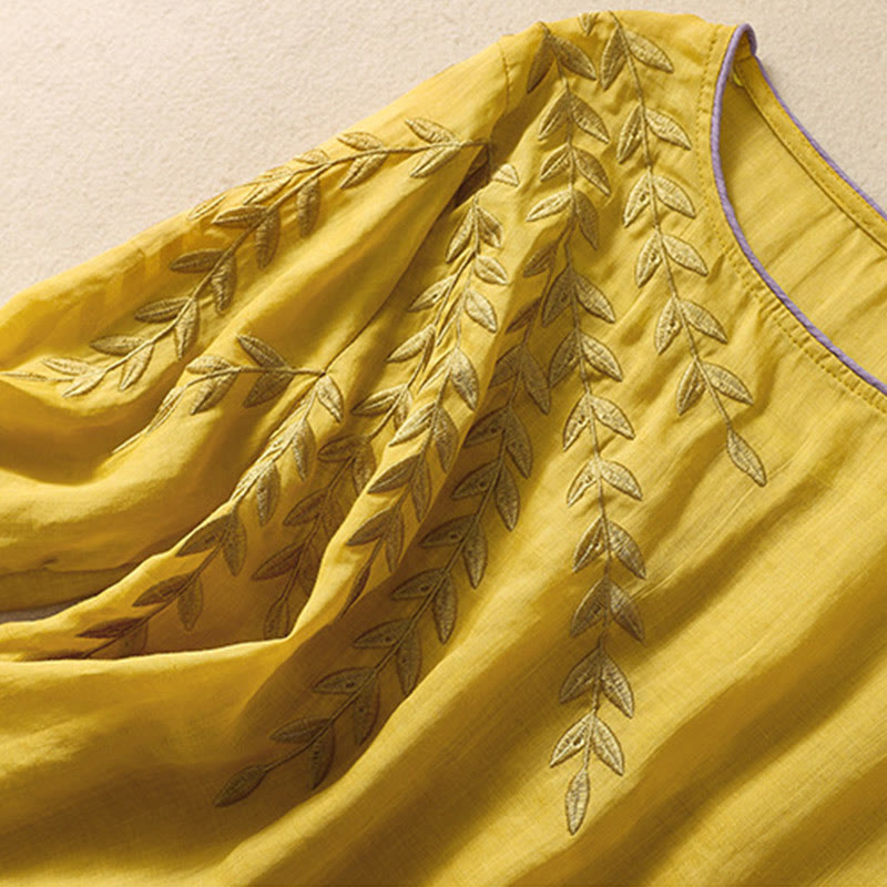 Nimara Ritual Embroidery Leaves Women's Half Sleeve T-shirt
