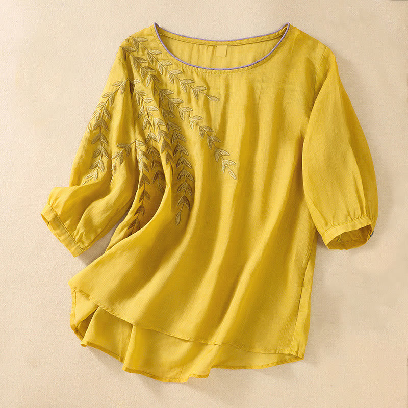 Nimara Ritual Embroidery Leaves Women's Half Sleeve T-shirt