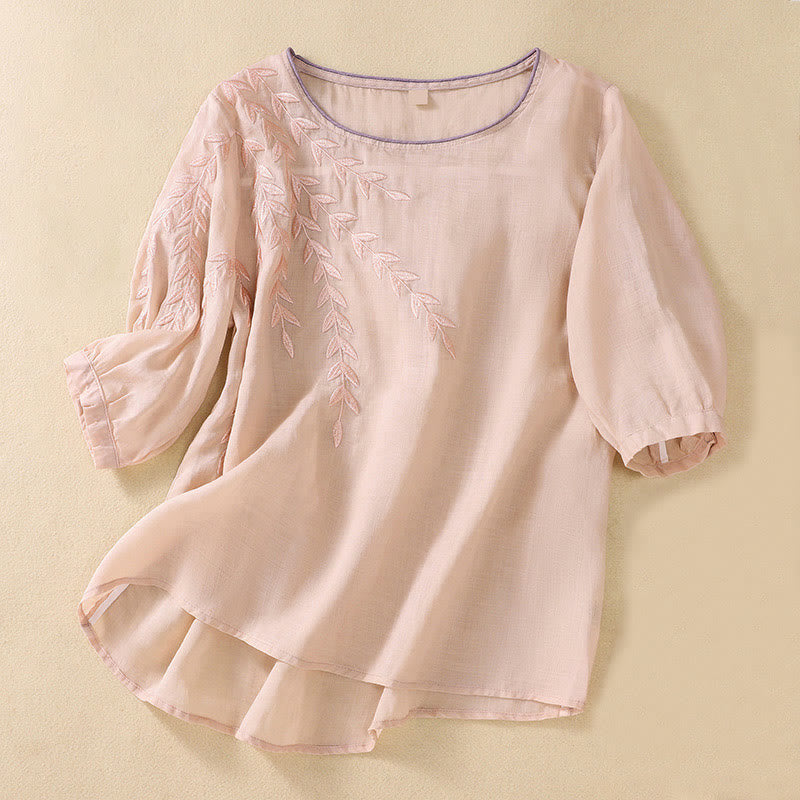 Nimara Ritual Embroidery Leaves Women's Half Sleeve T-shirt