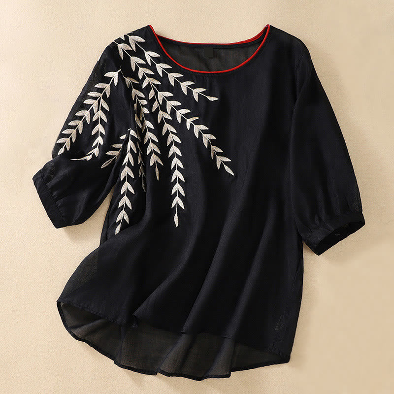 Nimara Ritual Embroidery Leaves Women's Half Sleeve T-shirt