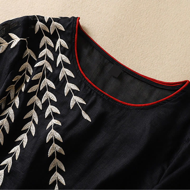 Nimara Ritual Embroidery Leaves Women's Half Sleeve T-shirt