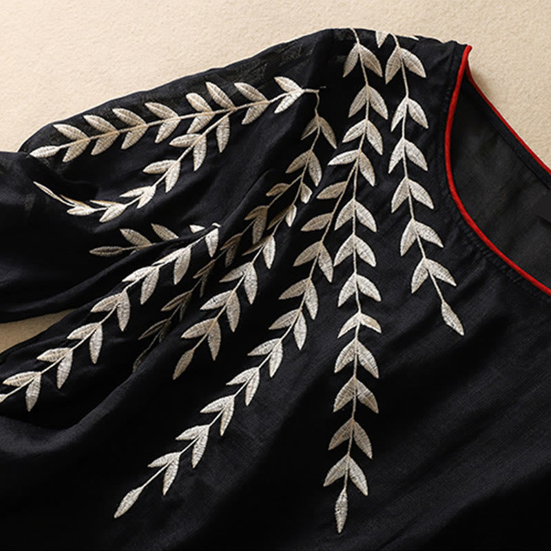 Nimara Ritual Embroidery Leaves Women's Half Sleeve T-shirt