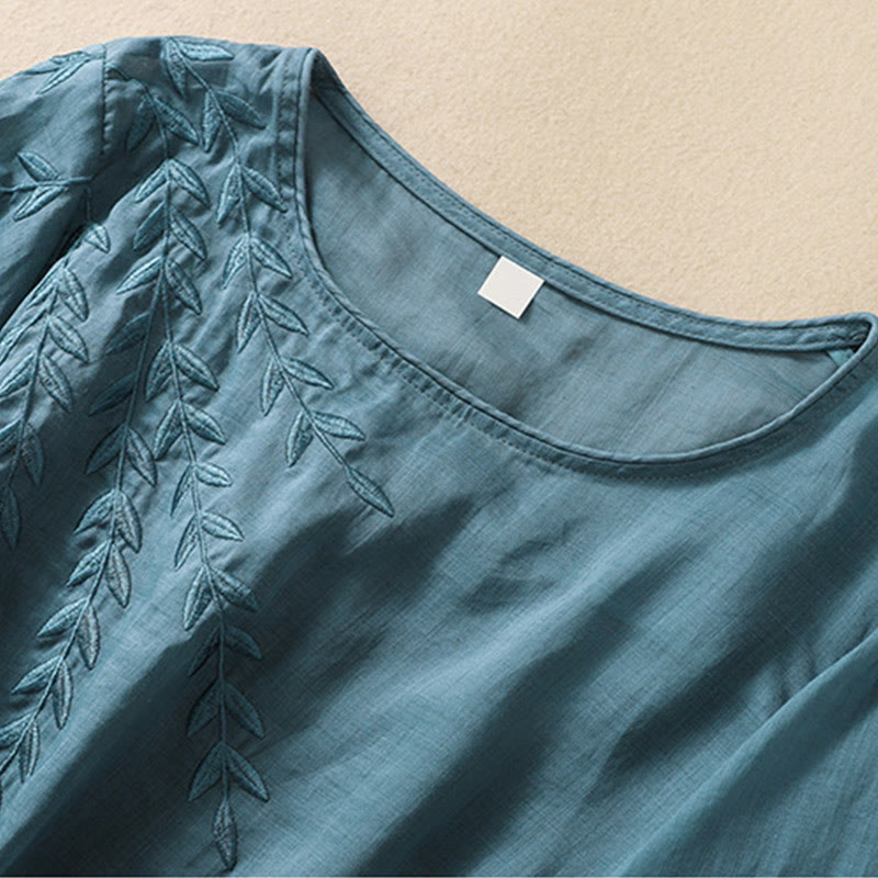 Nimara Ritual Embroidery Leaves Women's Half Sleeve T-shirt