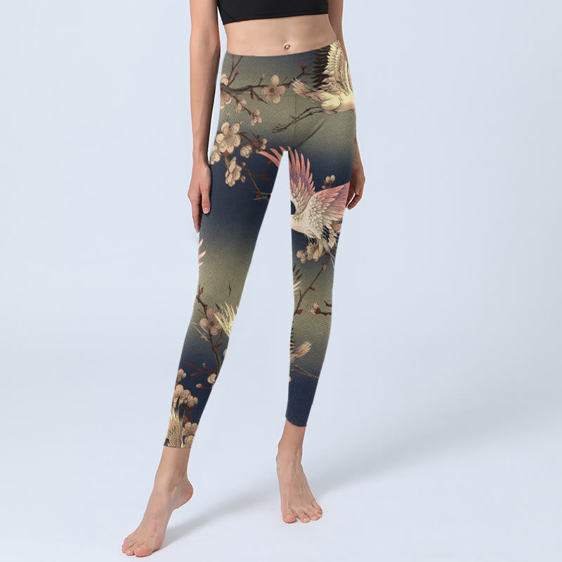 Nimara Ritual White Crane White Blossoming Branch Print Gym Leggings Women's Yoga Pants