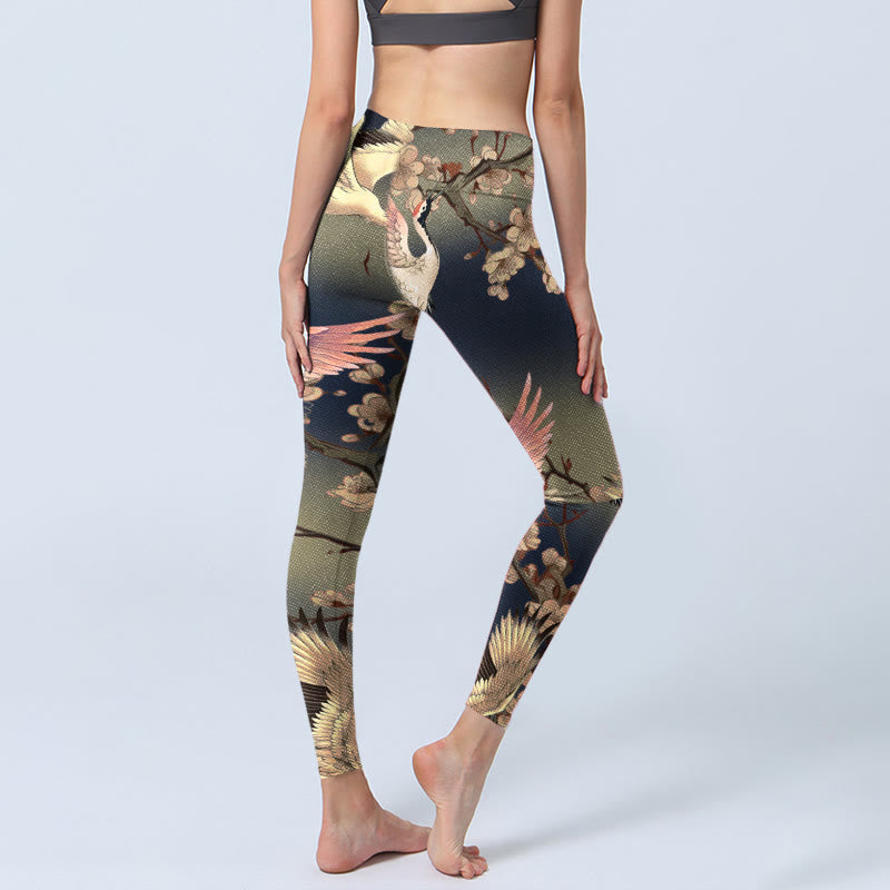 Nimara Ritual White Crane White Blossoming Branch Print Gym Leggings Women's Yoga Pants