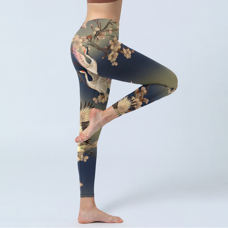 Nimara Ritual White Crane White Blossoming Branch Print Gym Leggings Women's Yoga Pants