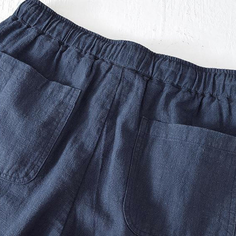 Nimara Ritual Summer Solid Color Drawstring Elastic Waist Men's Ramie Linen Cotton Shorts With Pockets