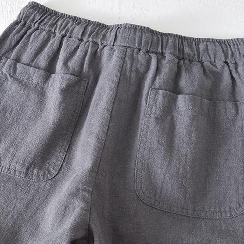 Nimara Ritual Summer Solid Color Drawstring Elastic Waist Men's Ramie Linen Cotton Shorts With Pockets
