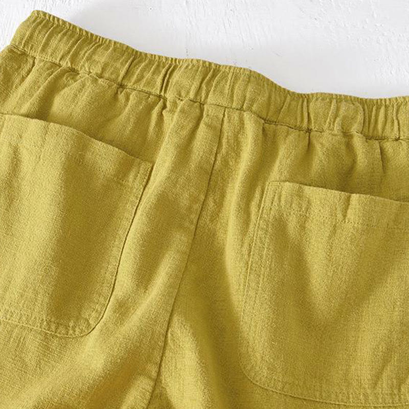 Nimara Ritual Summer Solid Color Drawstring Elastic Waist Men's Ramie Linen Cotton Shorts With Pockets