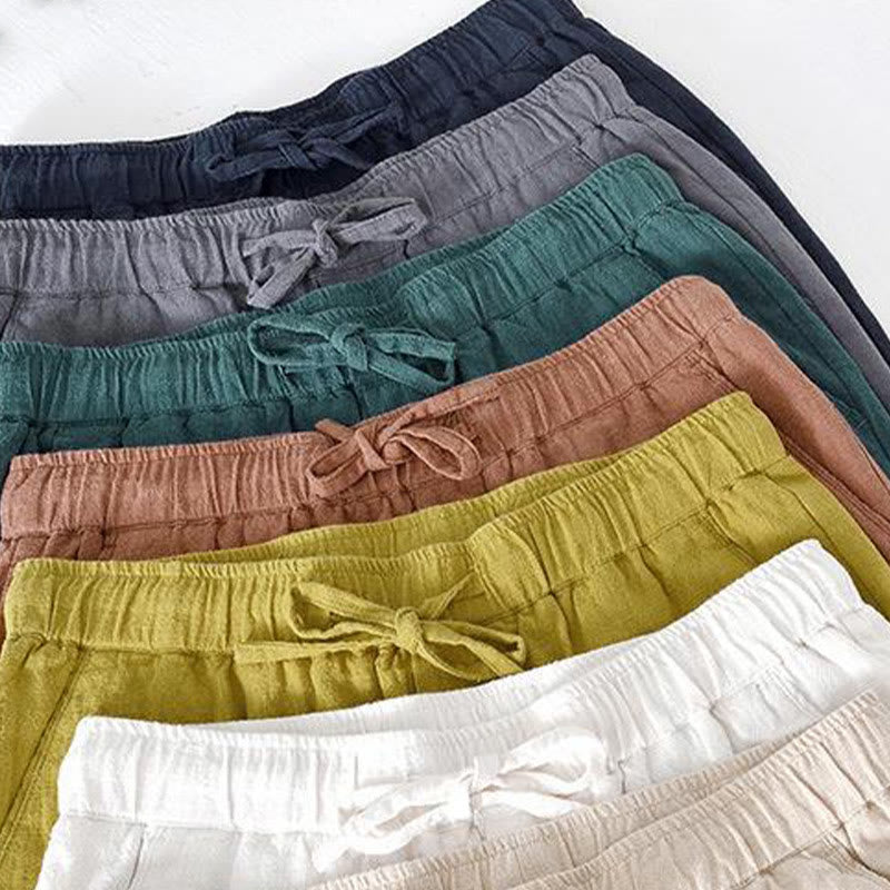 Nimara Ritual Summer Solid Color Drawstring Elastic Waist Men's Ramie Linen Cotton Shorts With Pockets