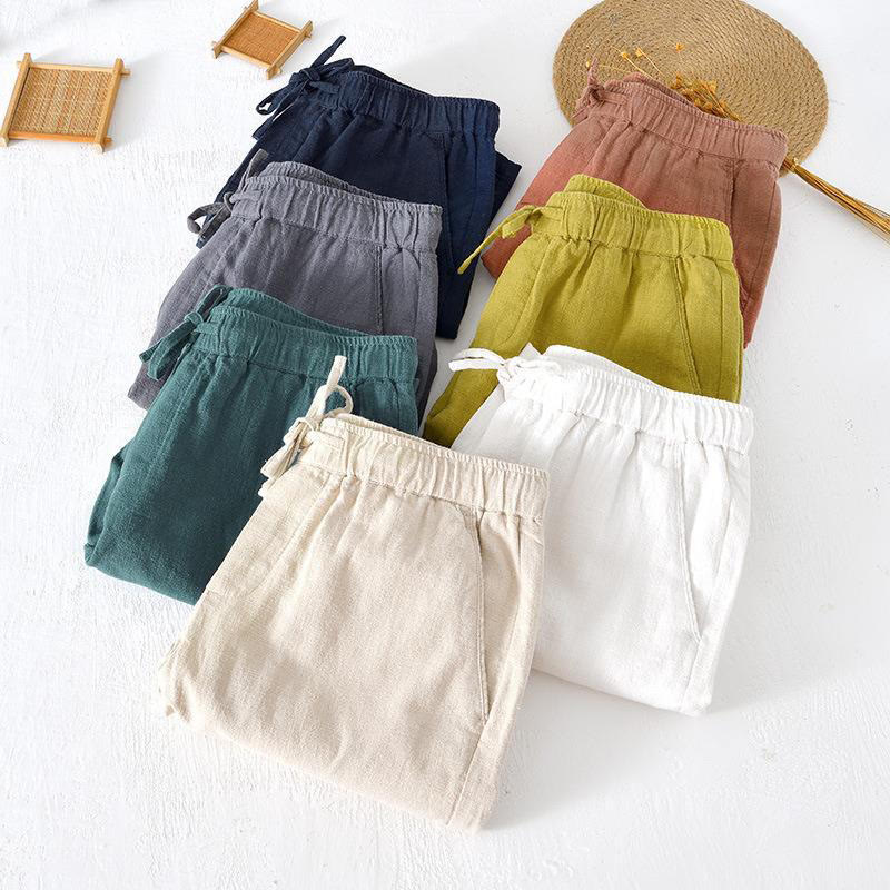Nimara Ritual Summer Solid Color Drawstring Elastic Waist Men's Ramie Linen Cotton Shorts With Pockets