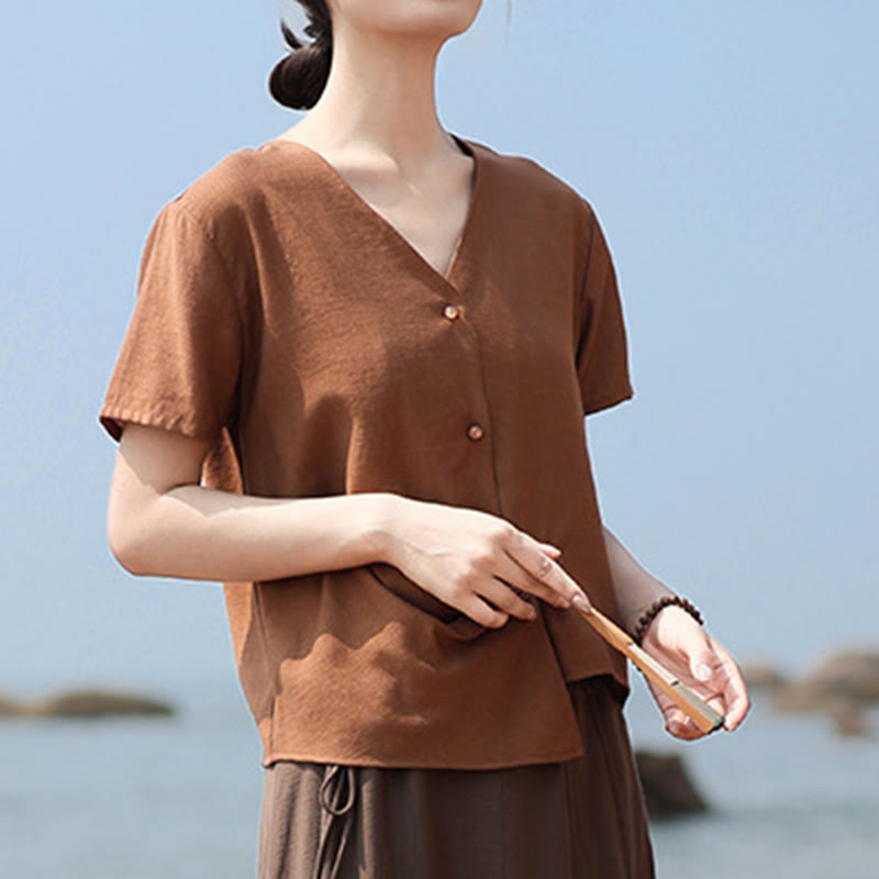 Nimara Ritual Button Irregular Design V-Neck Cotton Linen Women's Short Sleeve Shirt