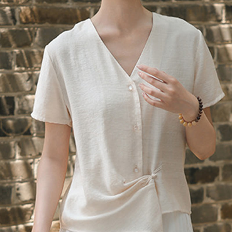 Nimara Ritual Button Irregular Design V-Neck Cotton Linen Women's Short Sleeve Shirt