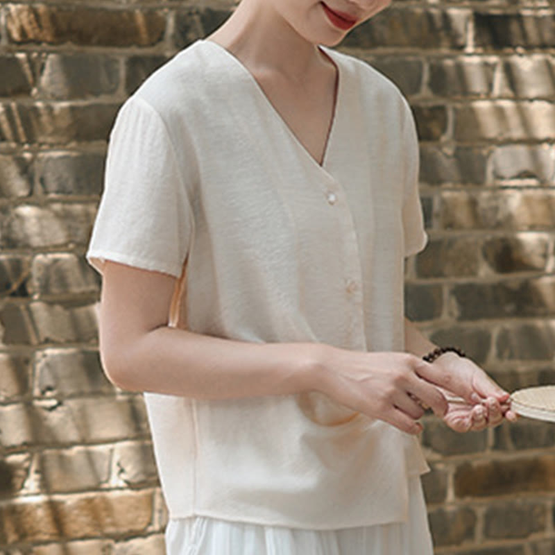 Nimara Ritual Button Irregular Design V-Neck Cotton Linen Women's Short Sleeve Shirt