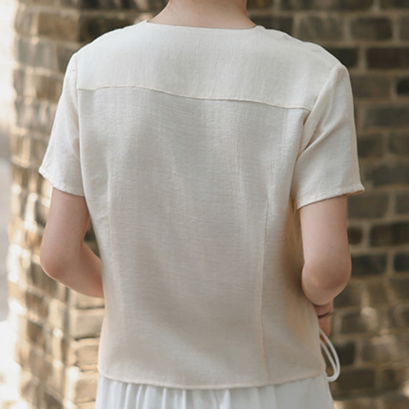 Nimara Ritual Button Irregular Design V-Neck Cotton Linen Women's Short Sleeve Shirt