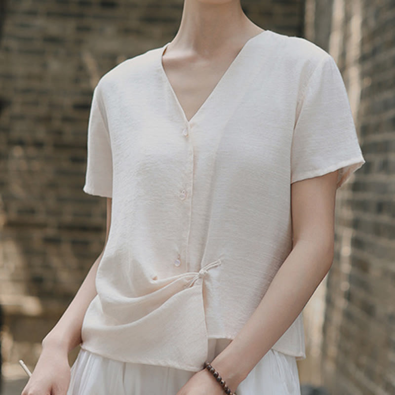 Nimara Ritual Button Irregular Design V-Neck Cotton Linen Women's Short Sleeve Shirt